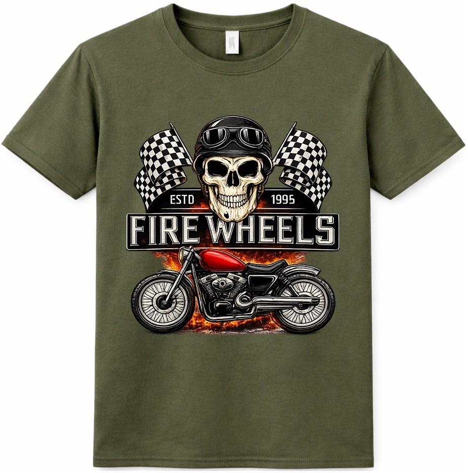 Motorcycle T Shirt Fire Wheels Skull Rider Biker Vintage Racing Graphic Tee