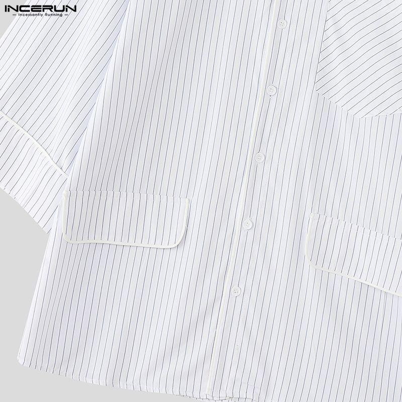 INCERUN Men Spring Lapel Neck 3/4 Sleeve Striped Shirts Casual Oversized Tops