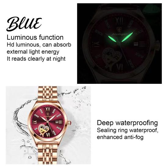 Round Dial Women Rhinestone Dress Steel Strap Luminous Stainless Watch Waterproof Calendar Display Wristwatch Fashion
