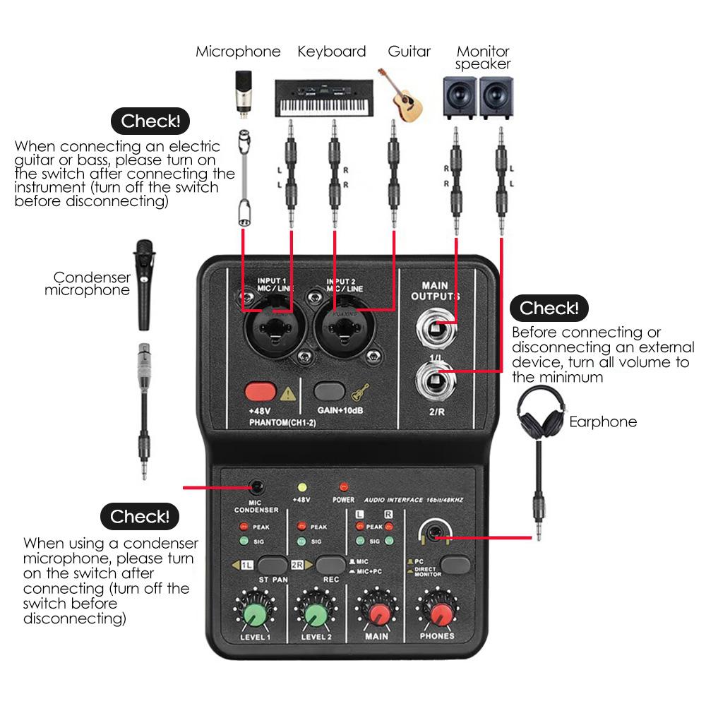 Audio Interface Professional Recording Sound Card 16bit 48kHz Mini USB Audio Interface Sound Card 2 In & 2 Out with 48V