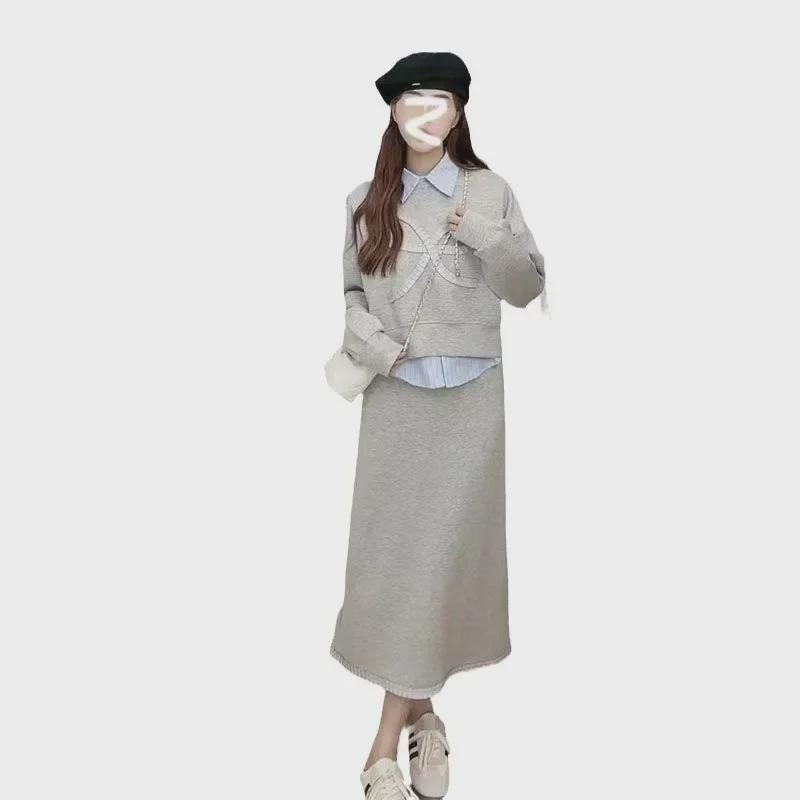 Trendy Korean-Style College Three-Piece Set: Sweatshirt, Shirt, Short Skirt