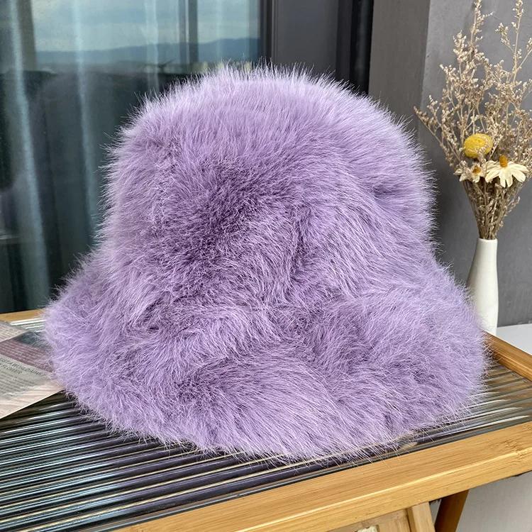 Fluffy Faux Fur Bucket Hats Women Rabbit Fur Warm Thick Plush Winter Hat Lady Fashion Luxury Panama Furry Fisherman Cap Y2K