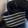 Premium black and white striped tote bag woven large capacity shoulder women's bag lazy wind lightweight vacation bag shopping bag