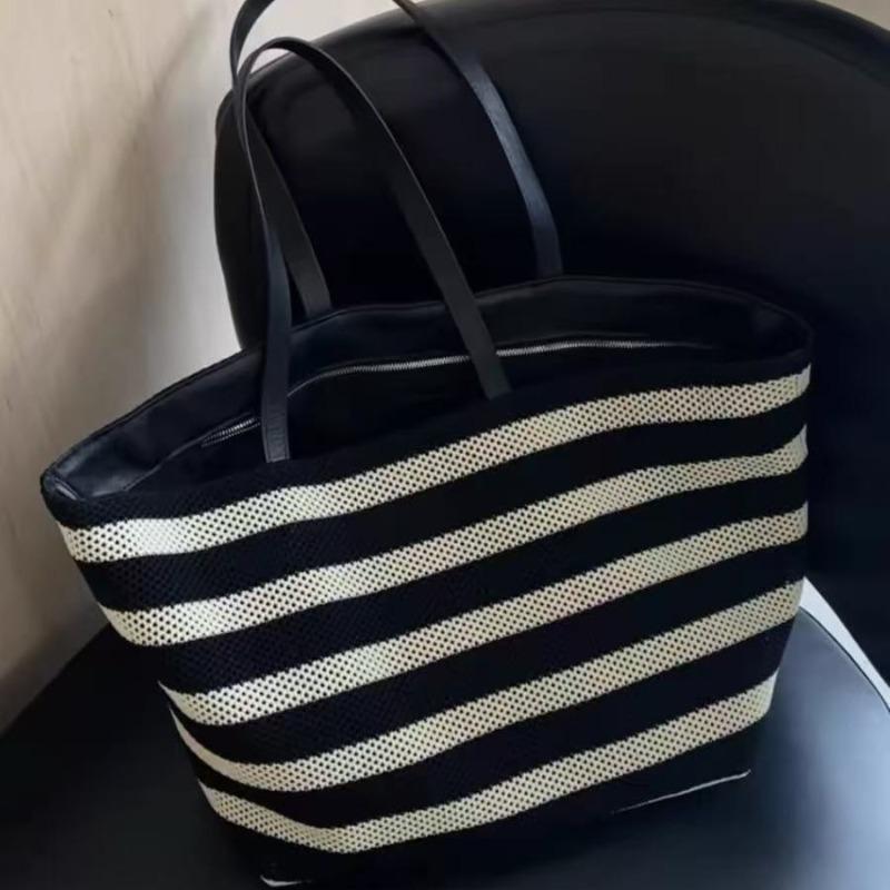 Premium black and white striped tote bag woven large capacity shoulder women's bag lazy wind lightweight vacation bag shopping bag