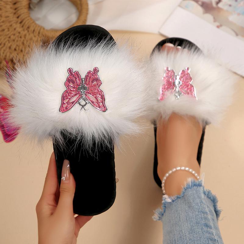 Fashion Lovely Butterfly Detor Cotton Slippers Women Soft Faux Furry Plush Slippers Woman Winter Open Toe Slip On Fur Slides Female