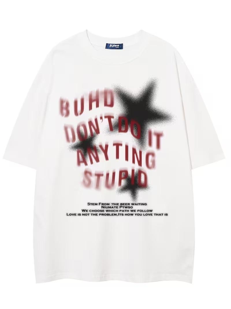Mens Oversized Black Cotton T Shirt Red Star Slogan Print Retro Streetwear Short S