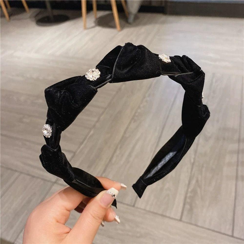 Wide Edged Crystal Bow Headband Solid Color Wide Edged Headband Fashion Bow Hair Hoop  Women Girls