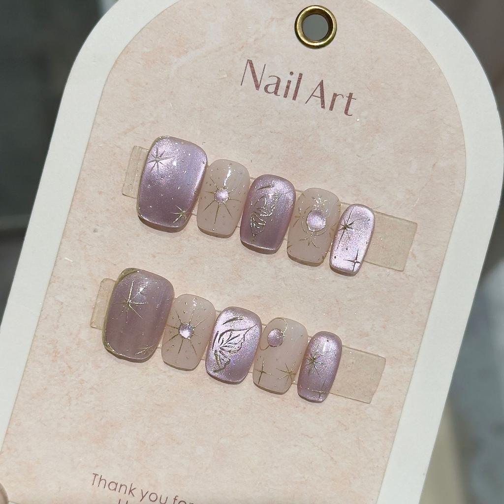 10Pcs Handmade Purple Cat Eye Short Square False Nails Full Cover Glitter Press On Nail Art Patches