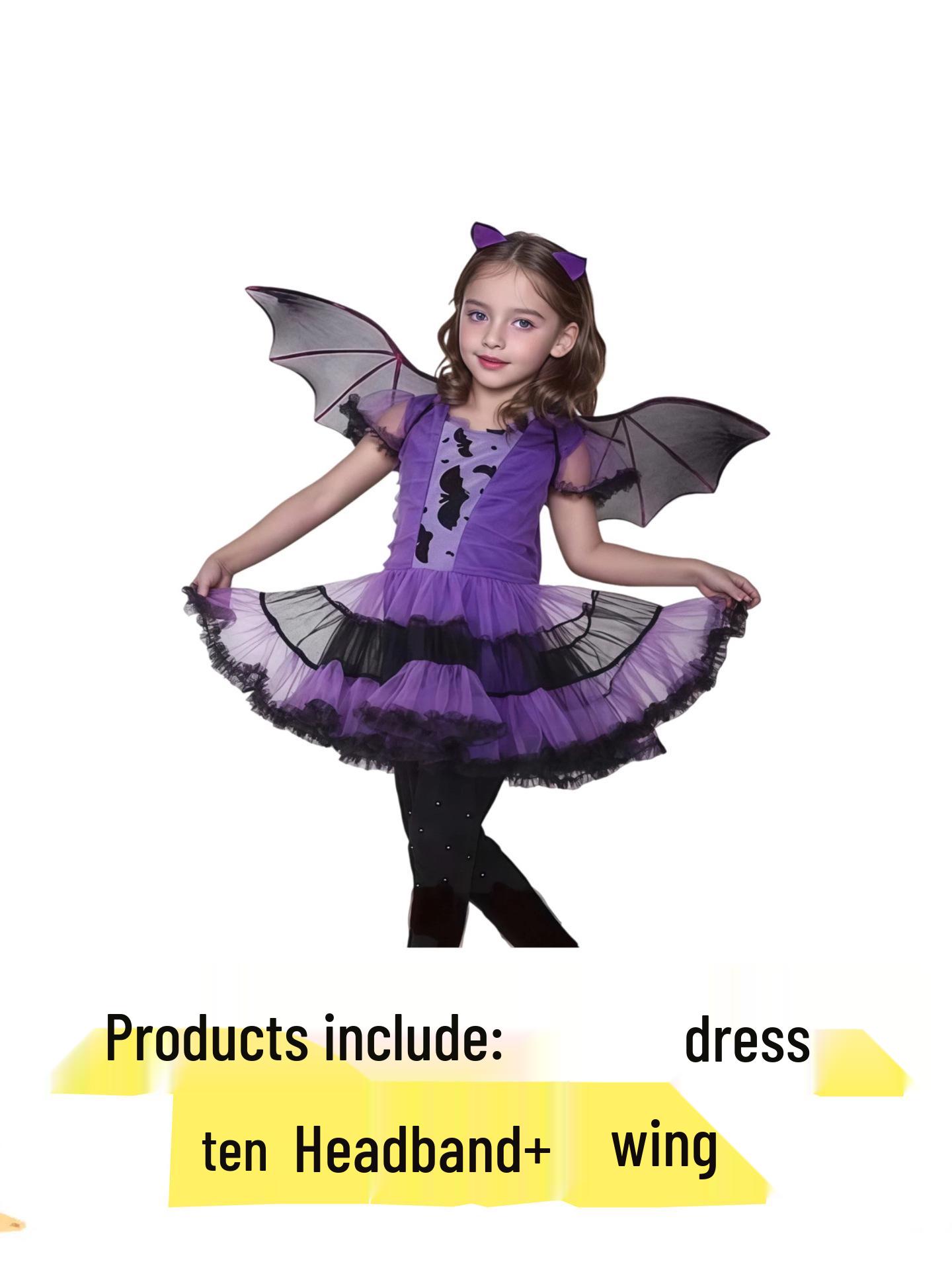

Purple Bat Girl Witch Costume - Children s Halloween Cosplay Outfit S (95cm-110cm) фіолетовий
