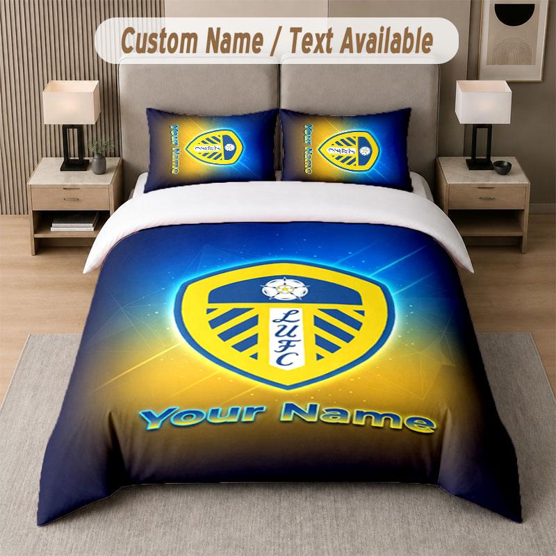 Custom Bedding Set Leeds United Pattern, Print Name Text 1 Duvet Cover Plus 2 Pillowcases Home Textile