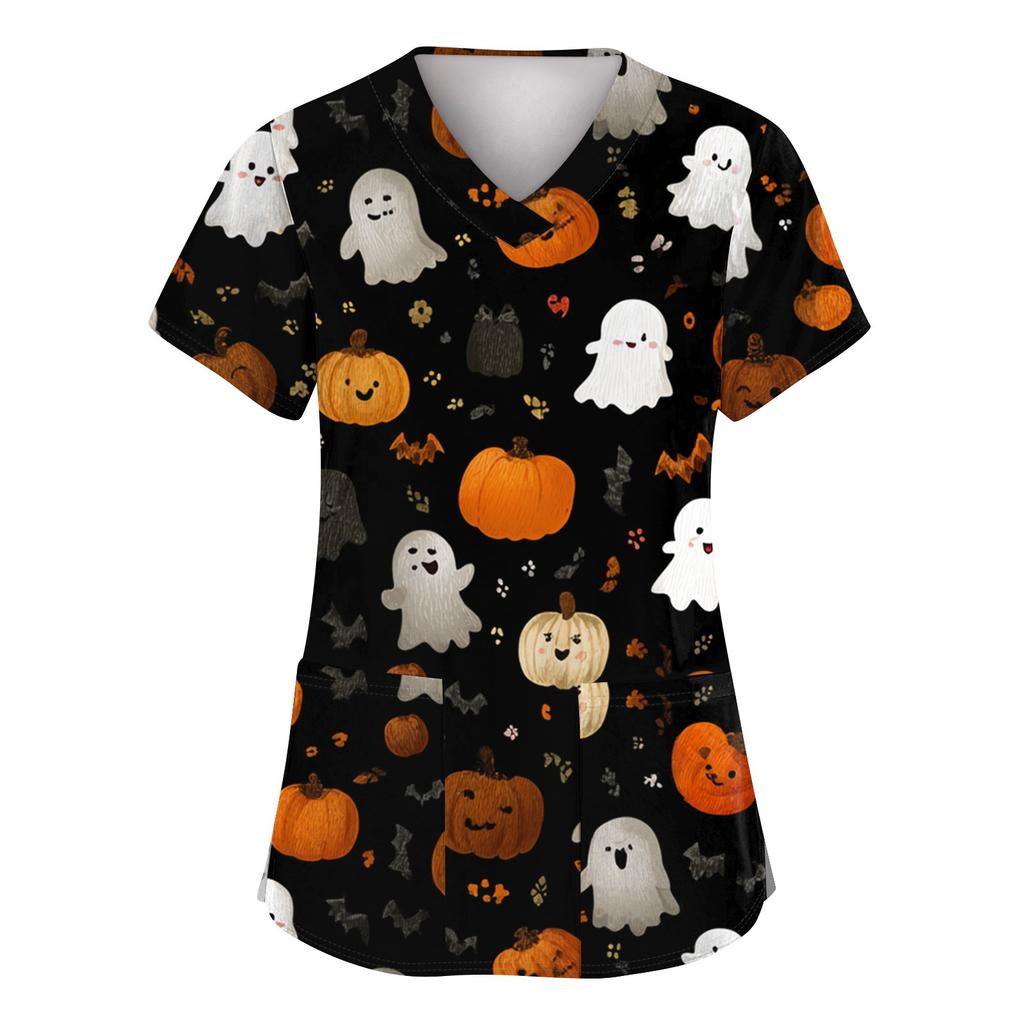 Dámská móda Krátký rukáv Halloweenský potisk Výstřih do V Kapsa Pracovní topy