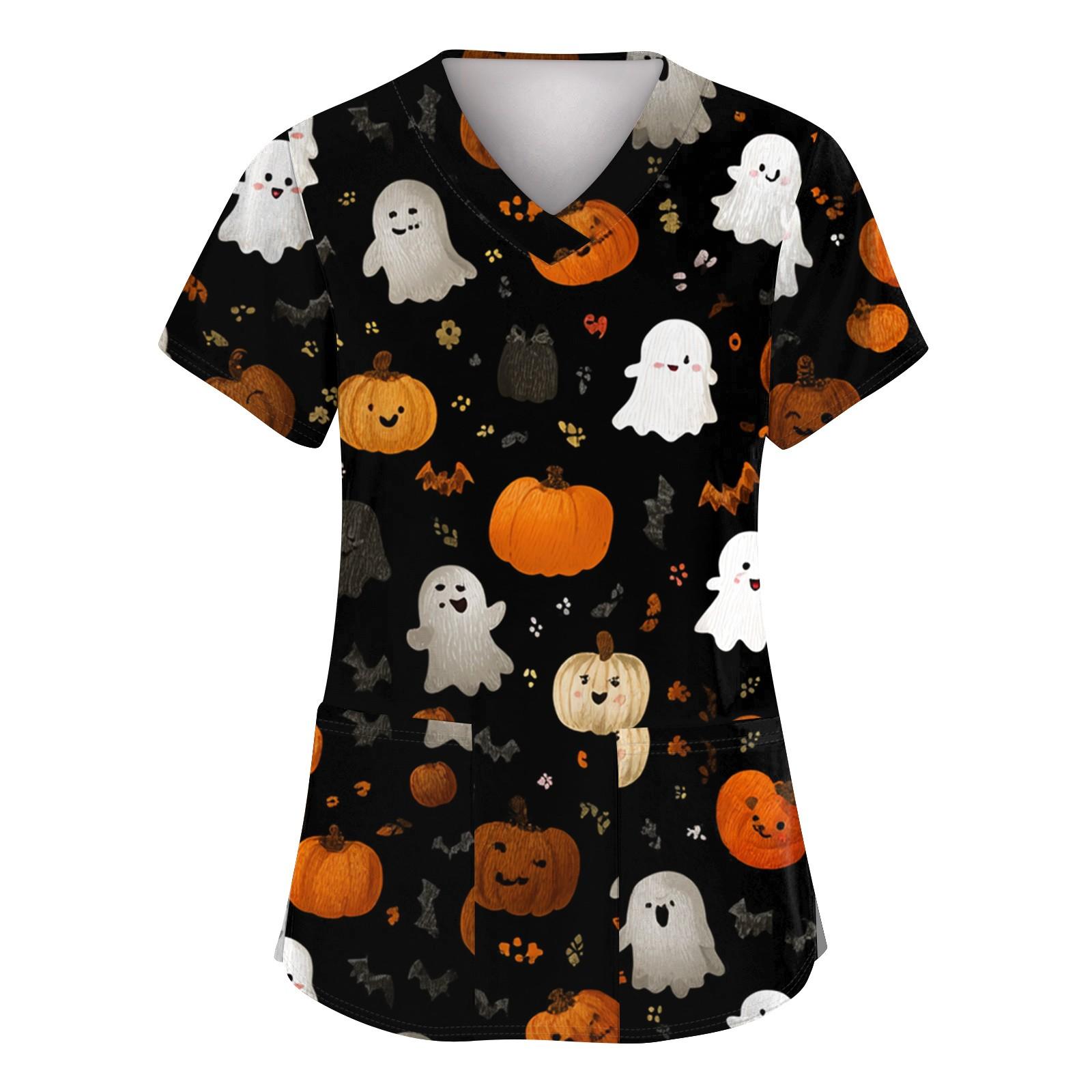 

Женские модные топы с коротким рукавом, принтом на Хэллоуин, V-образным вырезом, карманом, рабочая одежда M чёрный