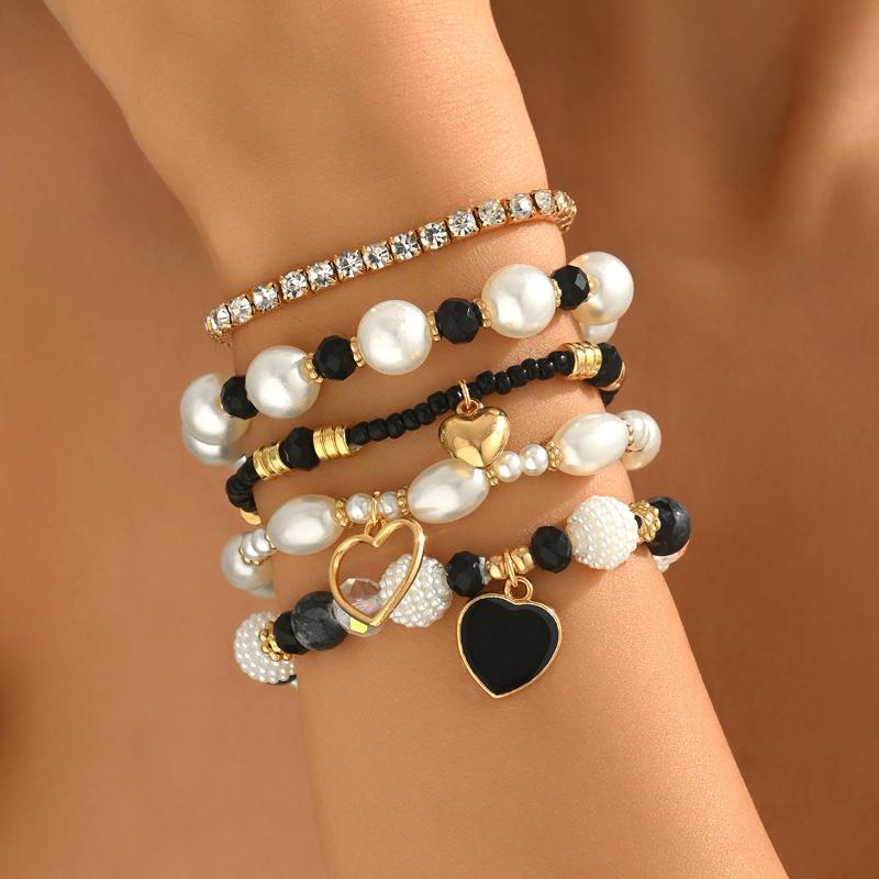 Liquid Metal Geometric Bracelets Set For Women Irregular Imitation Pearls Heart Beaded Bracelets Party Jewelry Gifts