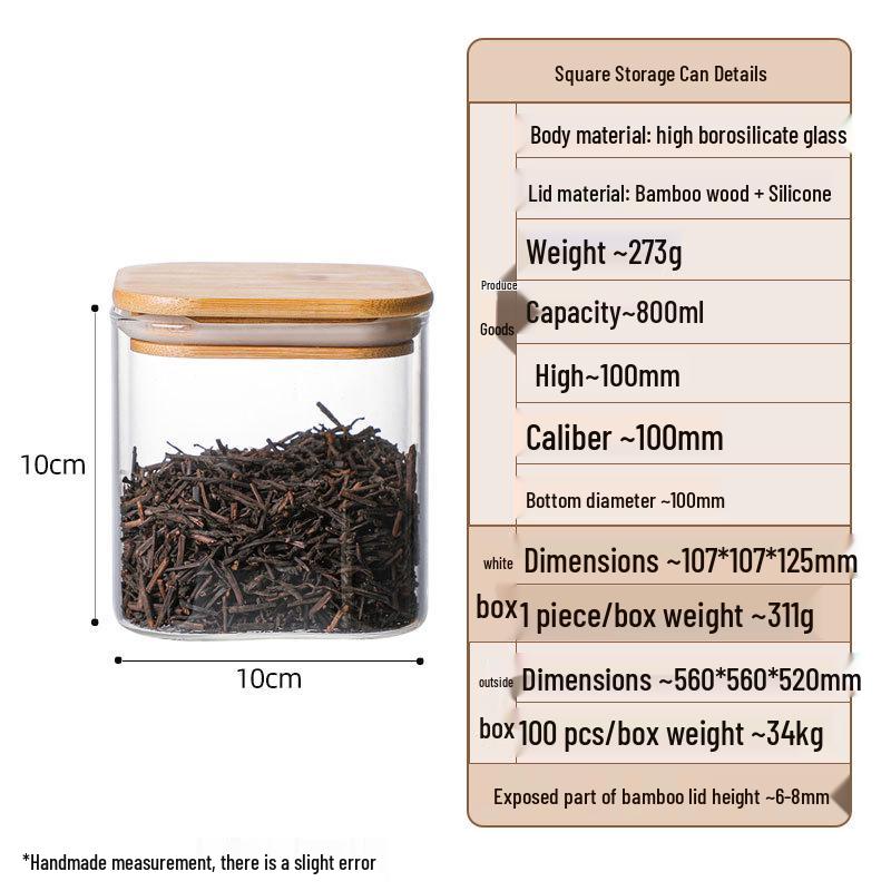 Square Borosilicate Glass Storage Jar for Coffee, Tea, Grains & Bracelets