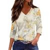 Women’s V Neck 3/4 Sleeve Blouse with Large Floral Print Relaxed Fit Lightweight Casual Top for Daily Wear