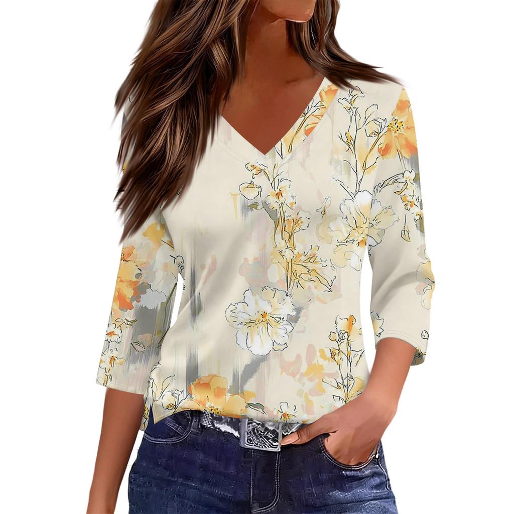 Women’s V Neck 3/4 Sleeve Blouse with Large Floral Print Relaxed Fit Lightweight Casual Top for Daily Wear