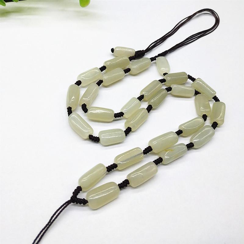 Hetian Jade Barrel Bead Pendant Necklace with Hand-Woven Lanyard