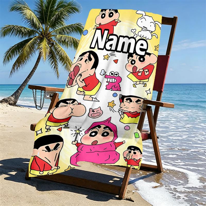 Custom Name Personalized Crayon Shin Print Beach Towel, for Trip Camping Beach Party Home Decor, Birthday Gift for Family & Friends