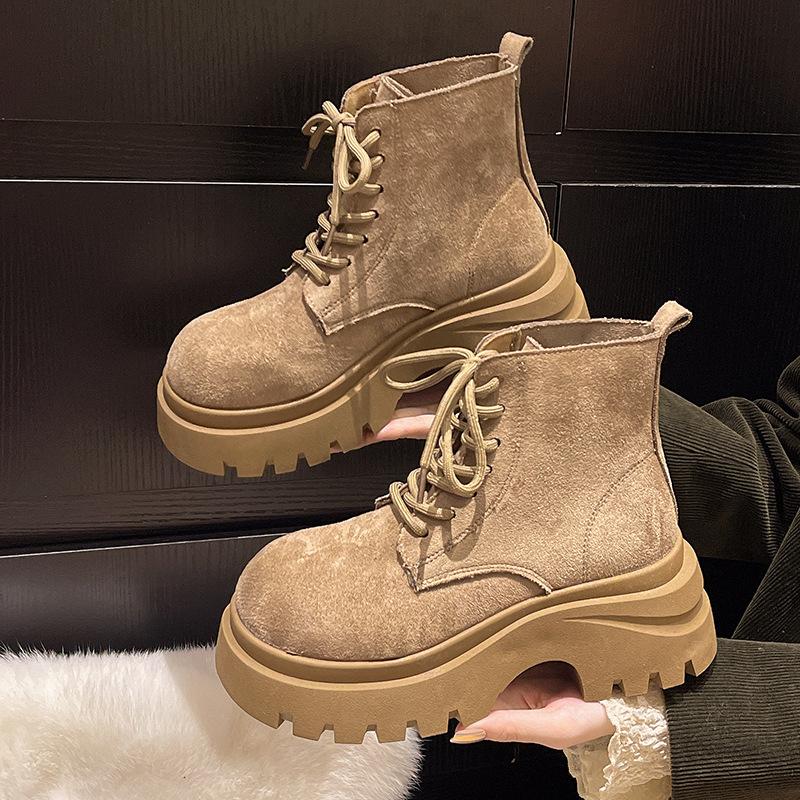 Thick-soled heightening Martin boots women's 2025 autumn new side zipper retro locomotive boots small lace-up short boots