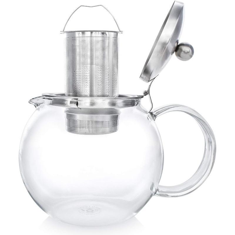 Stovetop Safe Glass Teapot with Removable Infuser (40oz/1200ml) and Four Double Walled Glass Cups (5oz/150ml) - Classica Tea Set