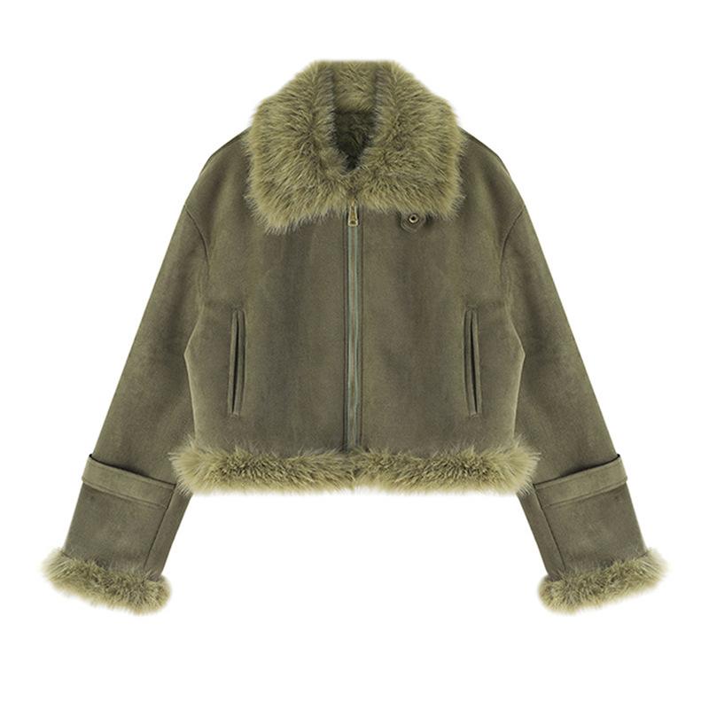 Women's Brown Suede Faux Fur Trim Jacket Short Warm Winter Outerwear