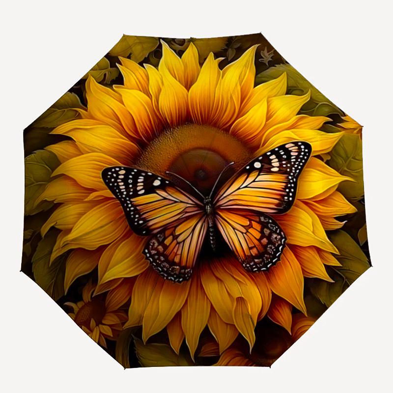 1pc Sunflower & Butterfly Automatic Umbrella Design, Cute Cartoon Pattern, Portable Outdoor Umbrella, Perfect A082