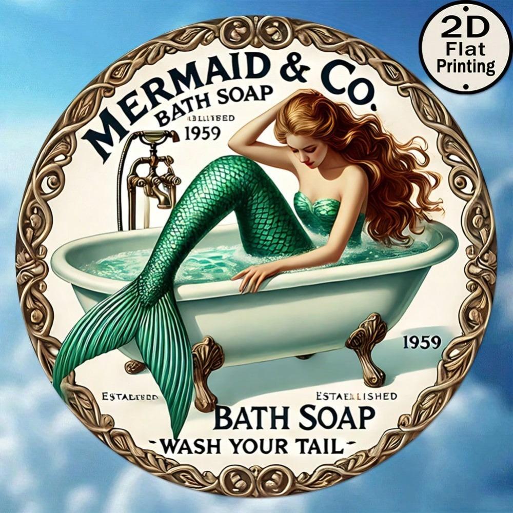 Mermaid Metal Tin Sign Rustic Bathroom Decor Vintage Round Wall Art Gift
