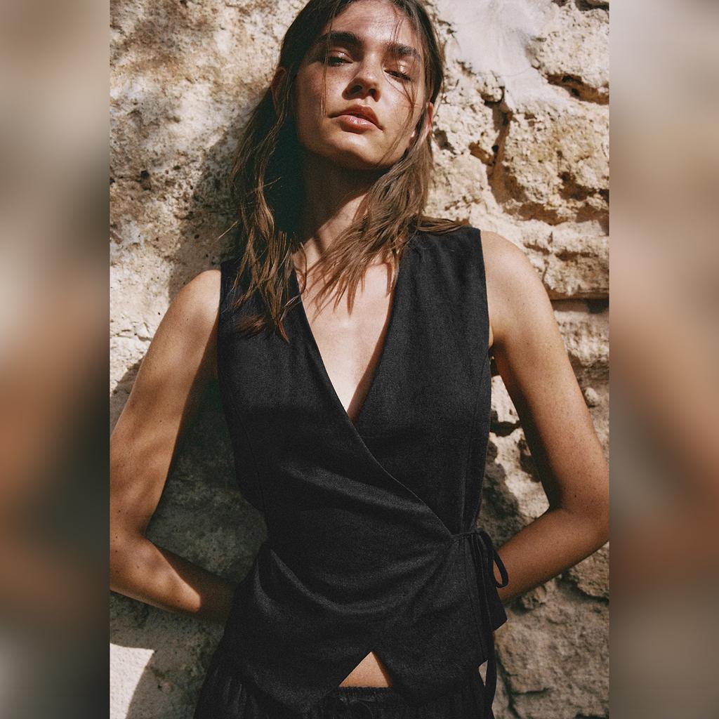 Old Qian Feng Pure Linen Vest Short Vacation Casual Sleeveless Top Summer Lace-up Vest Commuter Linen Vest