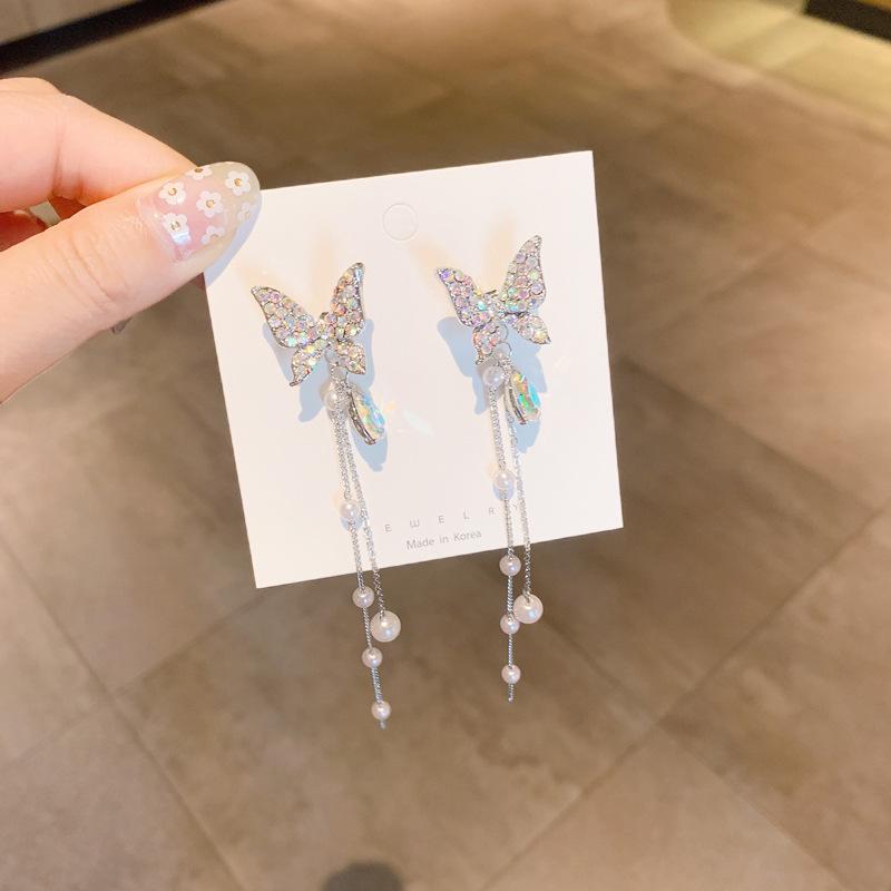 Korean Style Rhinestone Crystal Pearl Butterfly Stud Earrings