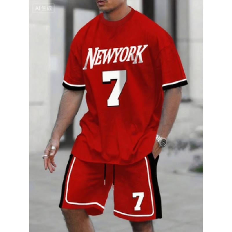 Men's Red 3D NY 32 Print Tee & Drawstring Shorts Set | Casual & Outdoor Sports
