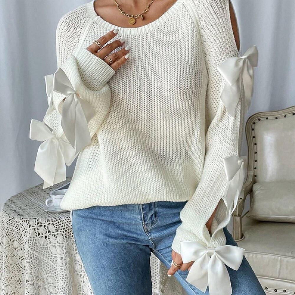 

Женские осенне-зимние пуловеры и свитера с круглым вырезом и бантом, с длинным рукавом, вязаные свитера-топы XL бежевый