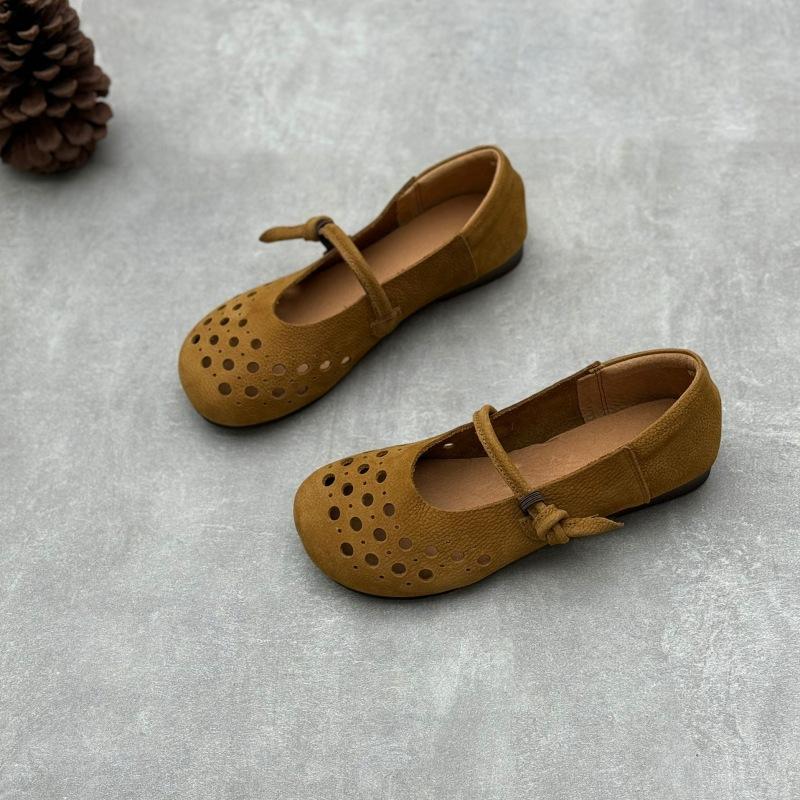 Johnature Handmade Genuine Leather Hollowed Out Women's Flat Shoes Retro Round Toe Soft Cowhide Sandals