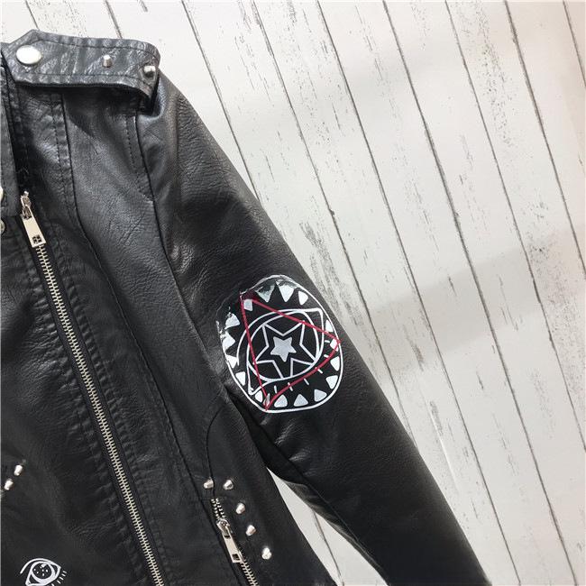 2021 Damen PU-Lederjacke mit Nieten und Reißverschluss, 3D-Druck-Motorraddesign