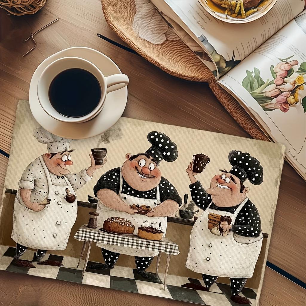 Set di 4 tovagliette divertenti a cartoni animati da chef, set da 4 tovagliette in lino per tavolo da cucina, decorazione per sala da pranzo