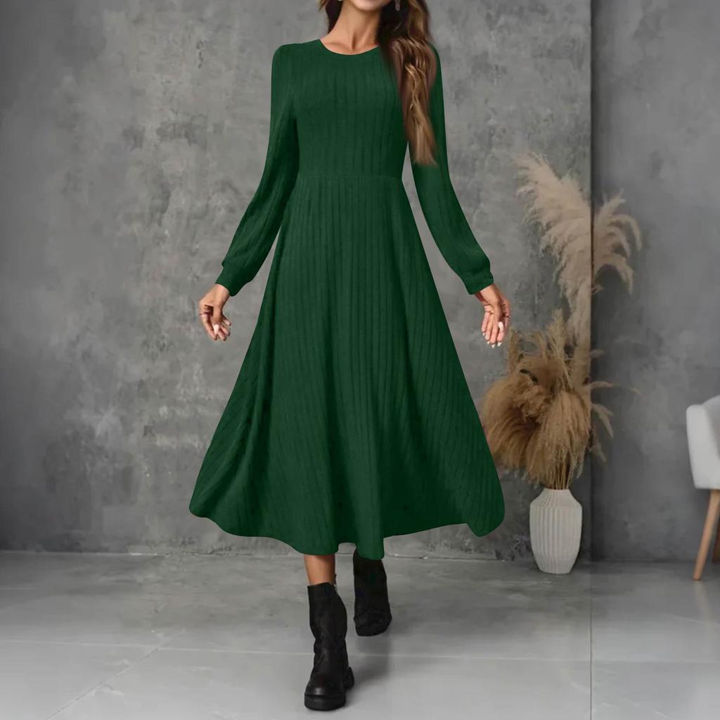 Dámské módní maxi šaty s kulatým výstřihem, dlouhým rukávem, jednobarevné, ležérní, s žebrovaným lemem a třásněmi