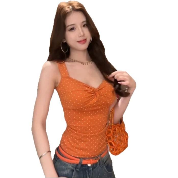 Spice Girl Orange Kink V-Neck Sleeveless Suspender Vest Women's Summer New Polka Dot Slim Skinny Super Good-Looking Top