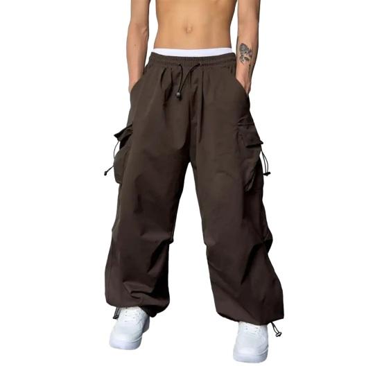 Men Baggy Cargo Pants Solid Color Parachute Pants Loose Fit Jogger Trousers with Side Pockets for Street Outdoor Sports