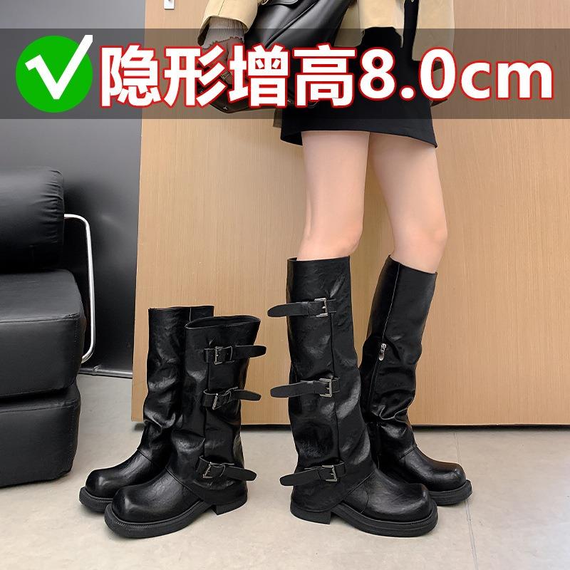 ~ Belt Buckle Square Round Head Pleated Medium Tube Knight, Autumn and Winter Pleated Stacked Pants Tube Women's Boots