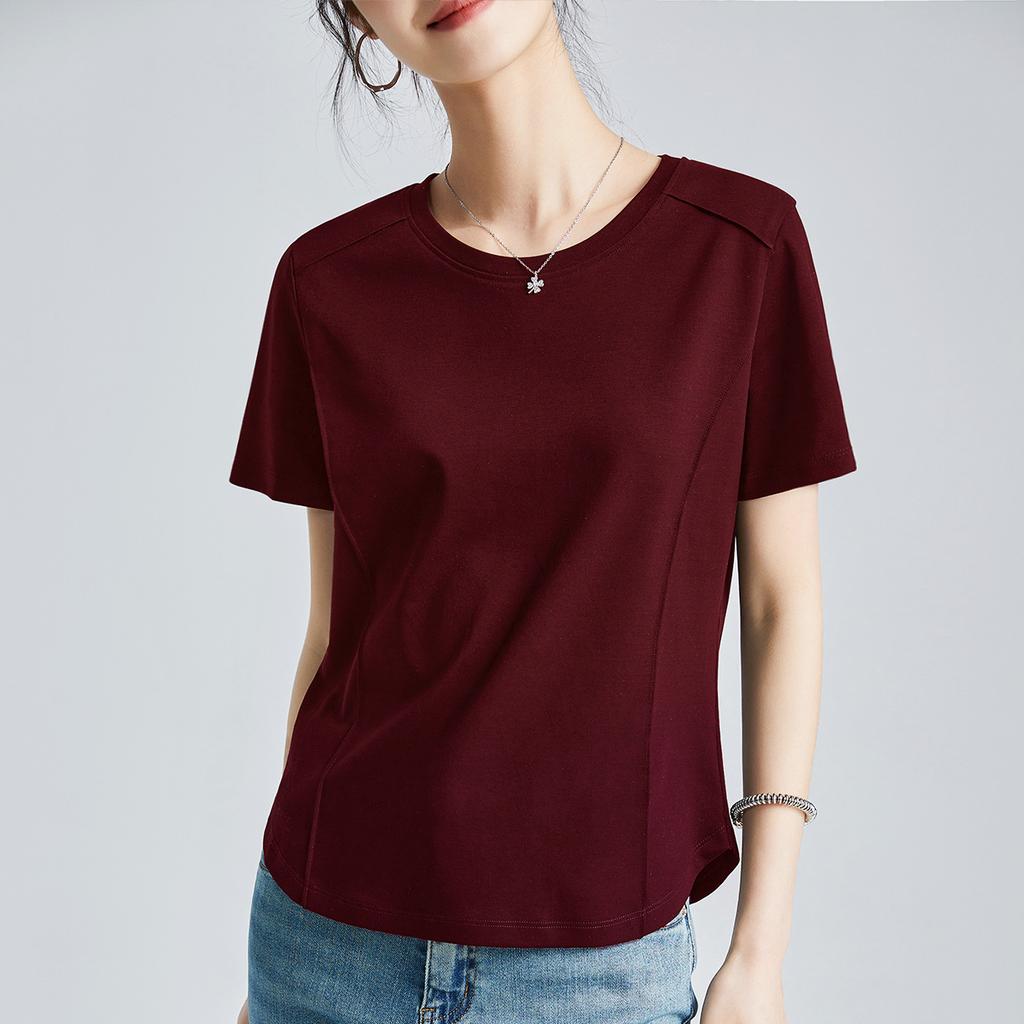 Summer Women's White Mercerized Cotton T-Shirt Stitching Round Neck Basic Top Plus Size Slim Fit Layered Casual Blouse