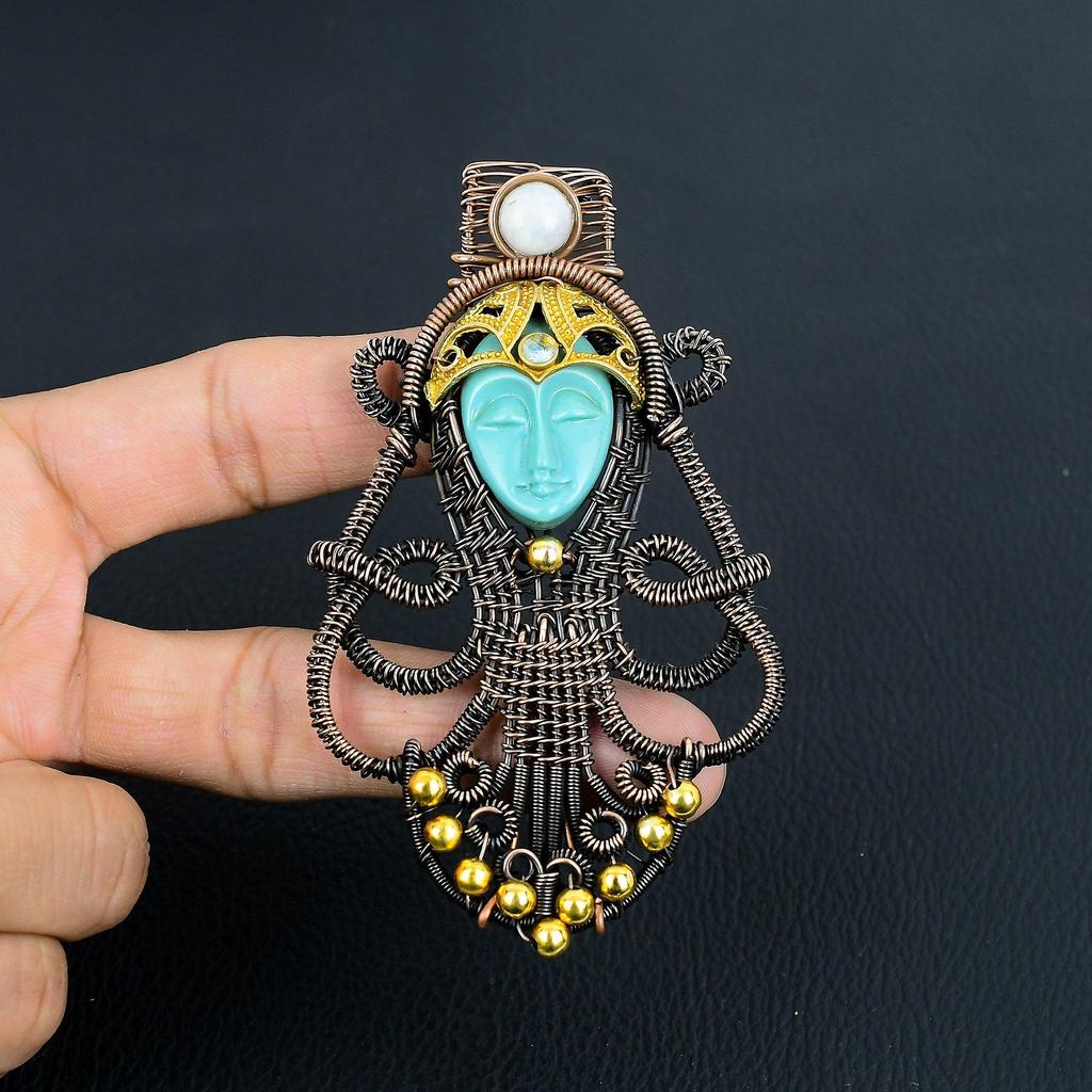 Carved Blue Face & Moonstone Jewelry, 999 Copper Wire Wrapped Pendant Handmade Gemstone Jewelry, Gifts For Wife Brand New Pendant