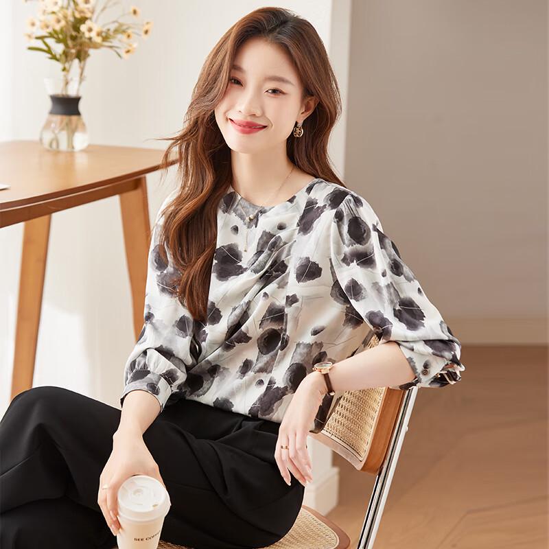 Women s French Retro Floral Chiffon Blouse L