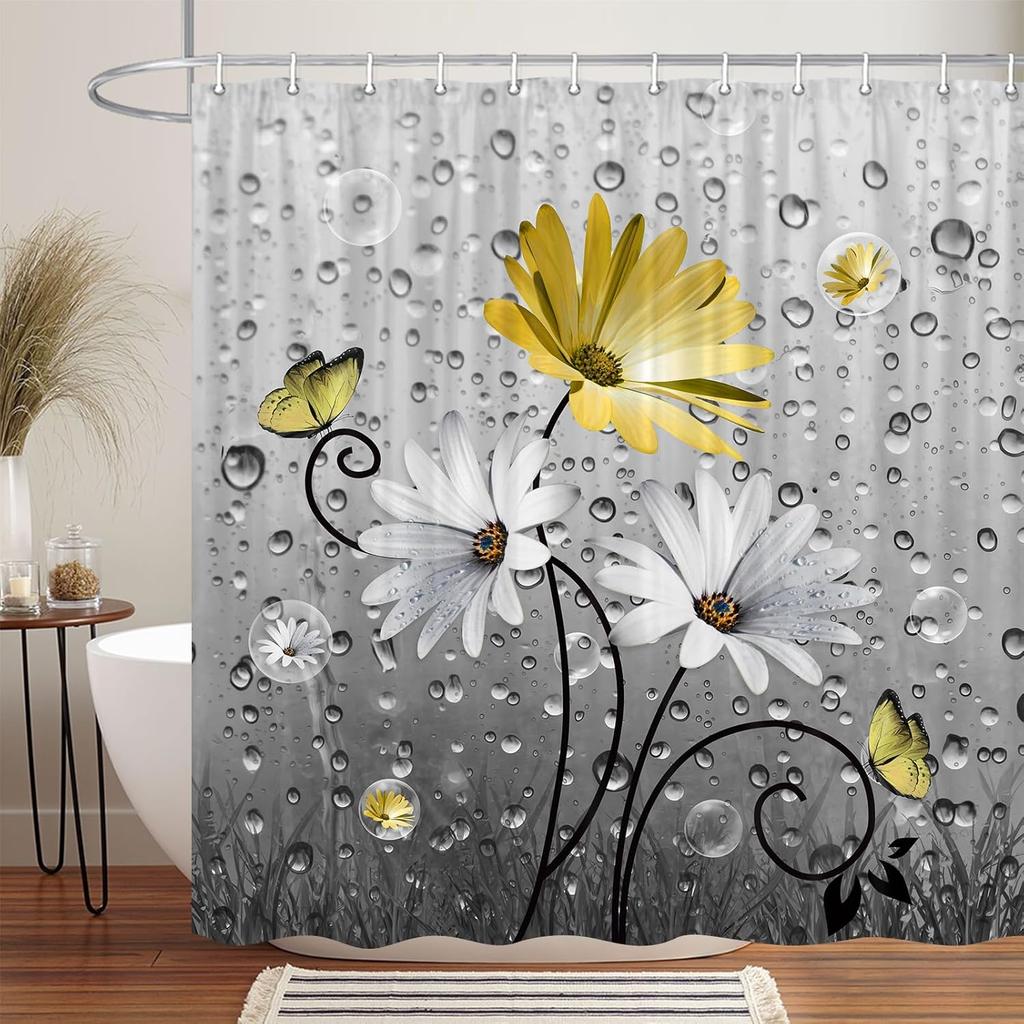 Rustic Farmhouse Blue Floral Shower Curtain, Farm Daisy Flowers and Butterfly Shower Curtain for Bathroom,   Boho Shower Curtain