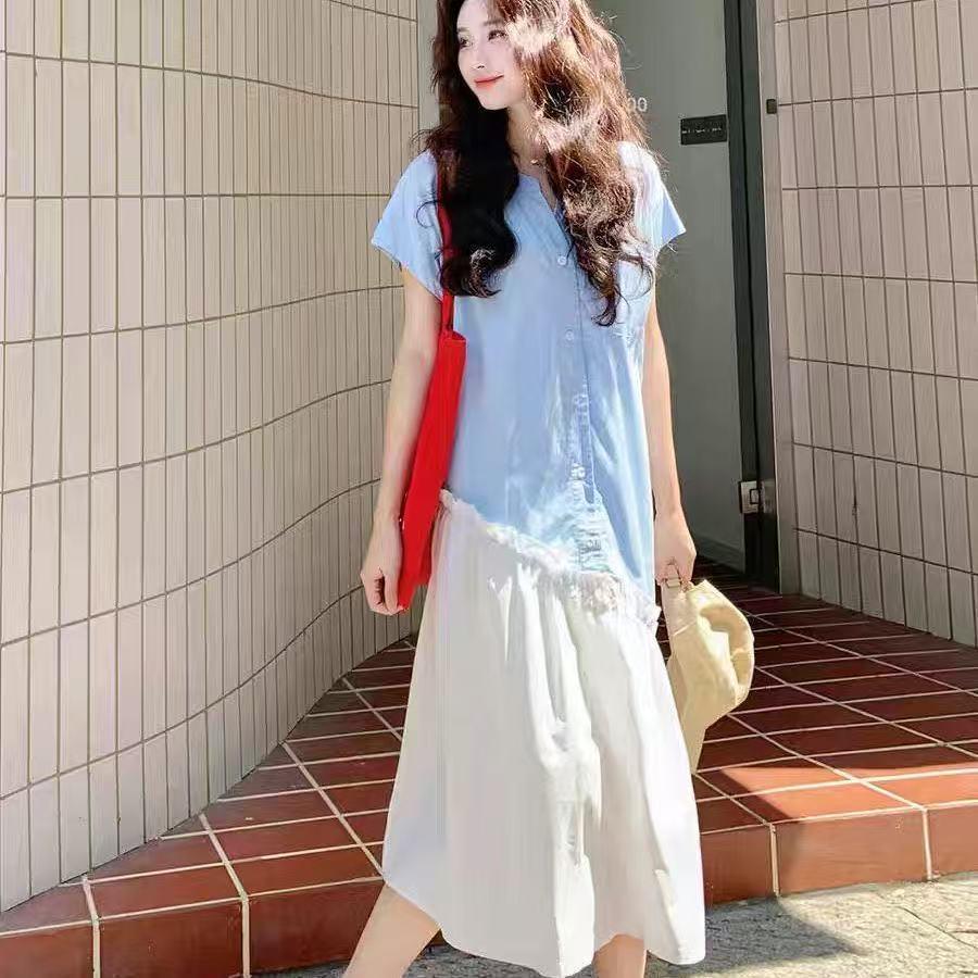 Women's Summer Korean Style Color-Block Spliced Long Shirt Dress - Loose Fit & Slimming with Irregular Design