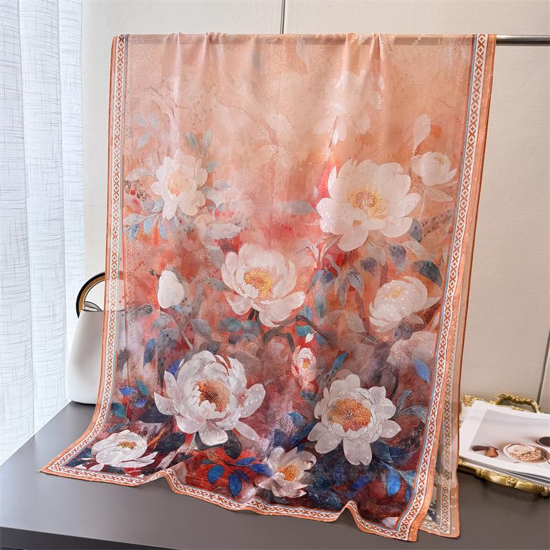 Literary style printing flower cutting spring and summer silk scarf large long scarf high sense travel shawl sun protection women's scarf headscarf