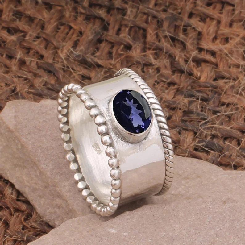 

Дизайнерское кольцо ручной работы из стерлингового серебра 925 пробы с синим драгоценным камнем CZ, женское подарочное кольцо, эффектное кольцо, кольцо-спиннер, кольцо в стиле бохо 10