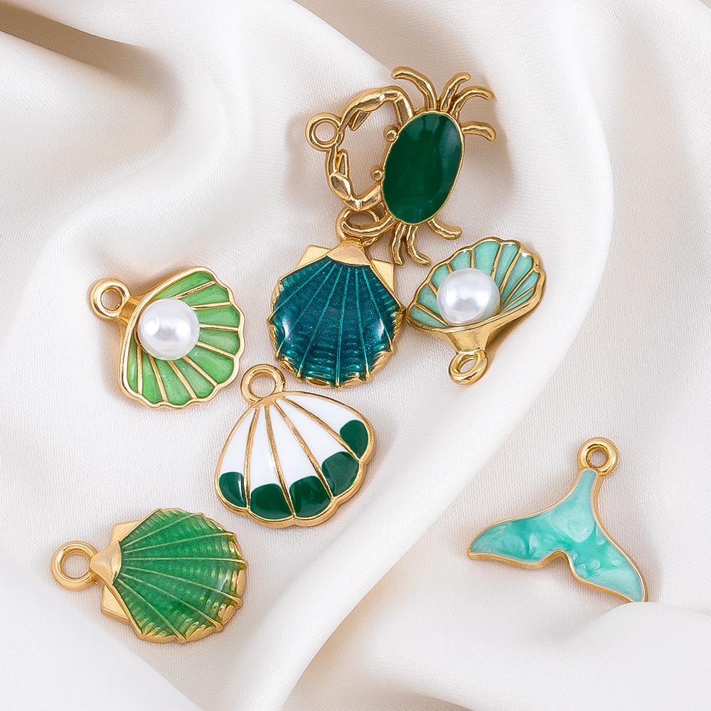 10pcs Cute Green Purple Pink Enamel Ocean Crab Conch Fishtail Heart Charms Alloy Pendants DIY Necklace Bracelet Jewelry Findings
