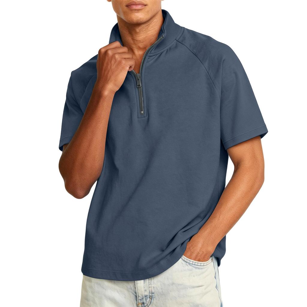 Men's Quarter-length Zipper Stand-collar Casual Short-sleeved Shirt