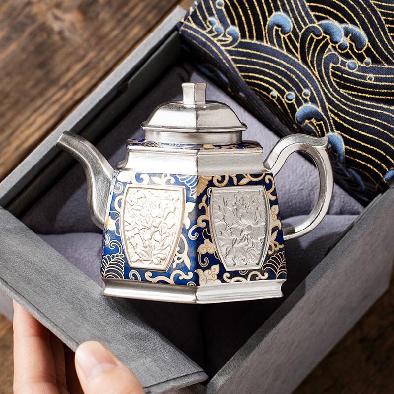 Gilded Silver Blue & White Six-sided Porcelain Teapot