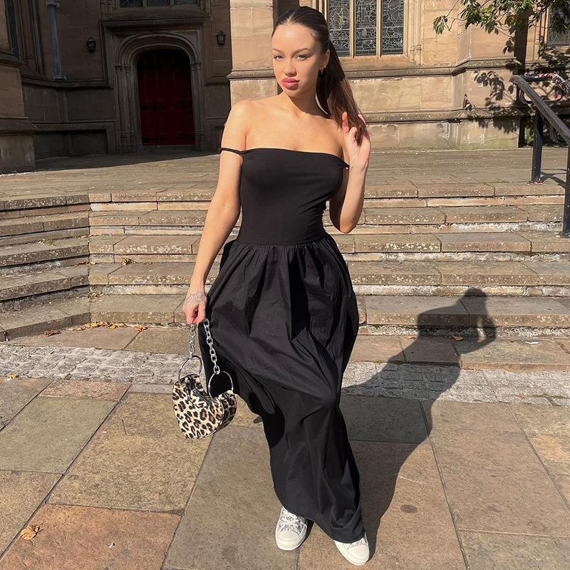 Women's Autumn and Winter Fashion Sexy One-line Shoulder with Chest Pleated Solid Color Dress