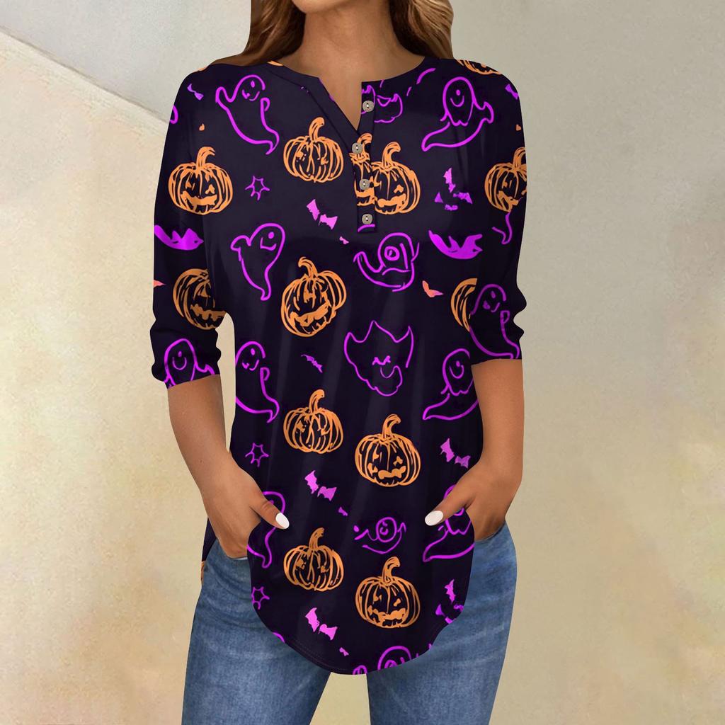 Women's Fashion Loose Button Collar Halloween Print Long Sleeve T-Shirt Top Pullover